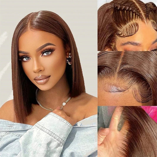 13*4frontal Straight Bob Brazilian Human hair Brown 4# Wig